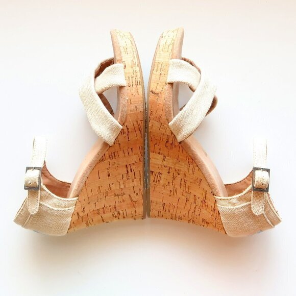 Toms Beige Canvas Ankle Strap Cork Platform Wedge Heel Sandals / Summer Shoes - Picture 13 of 16